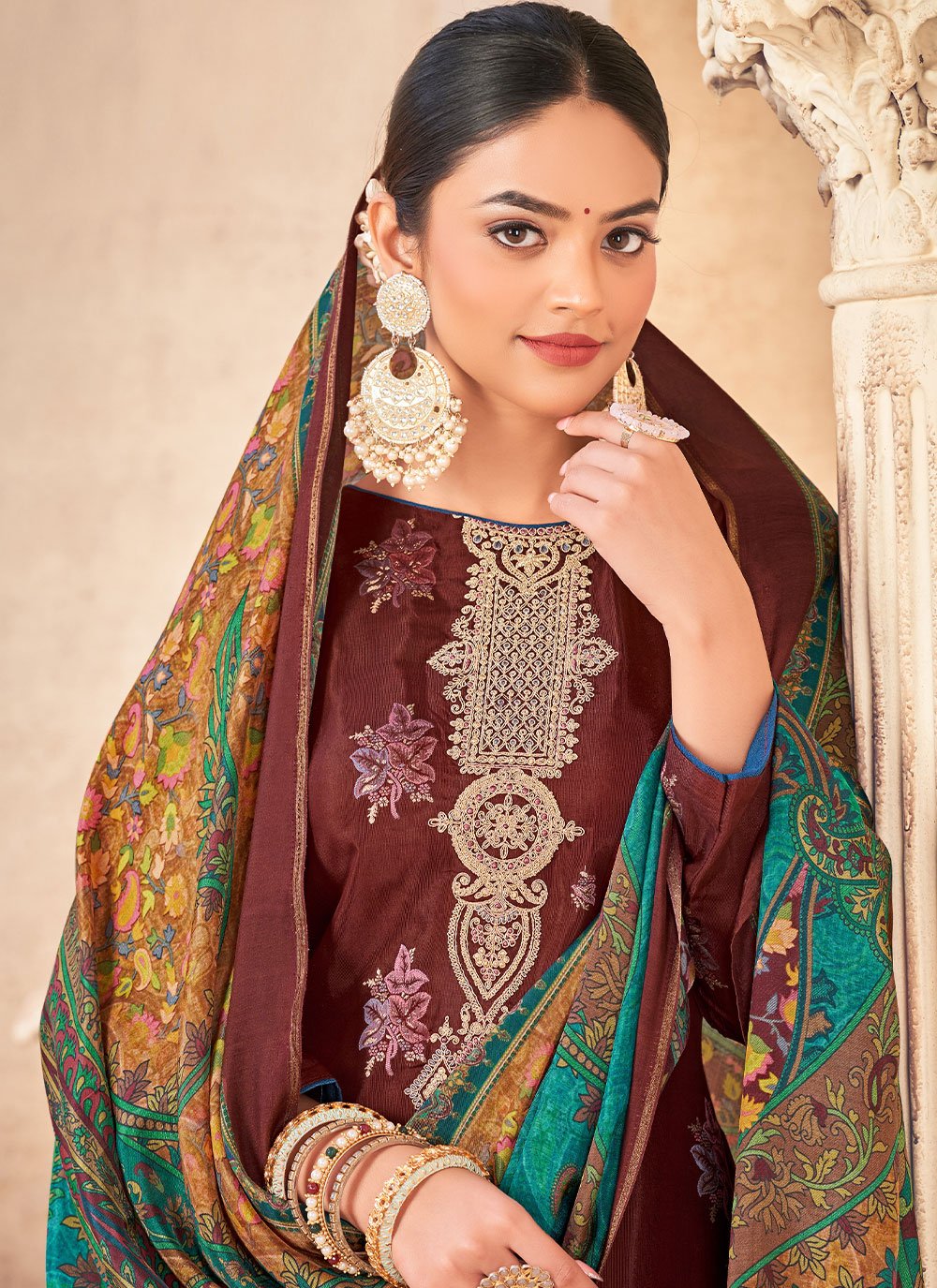 Pant Style Suit Jacquard Muslin Brown Embroidered Salwar Kameez