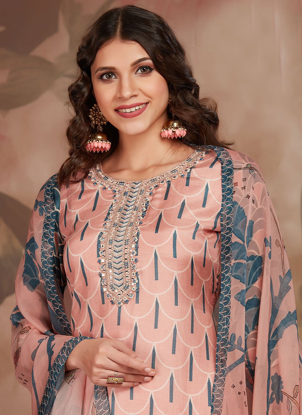 Salwar Suit Muslin Peach Digital Print Salwar Kameez
