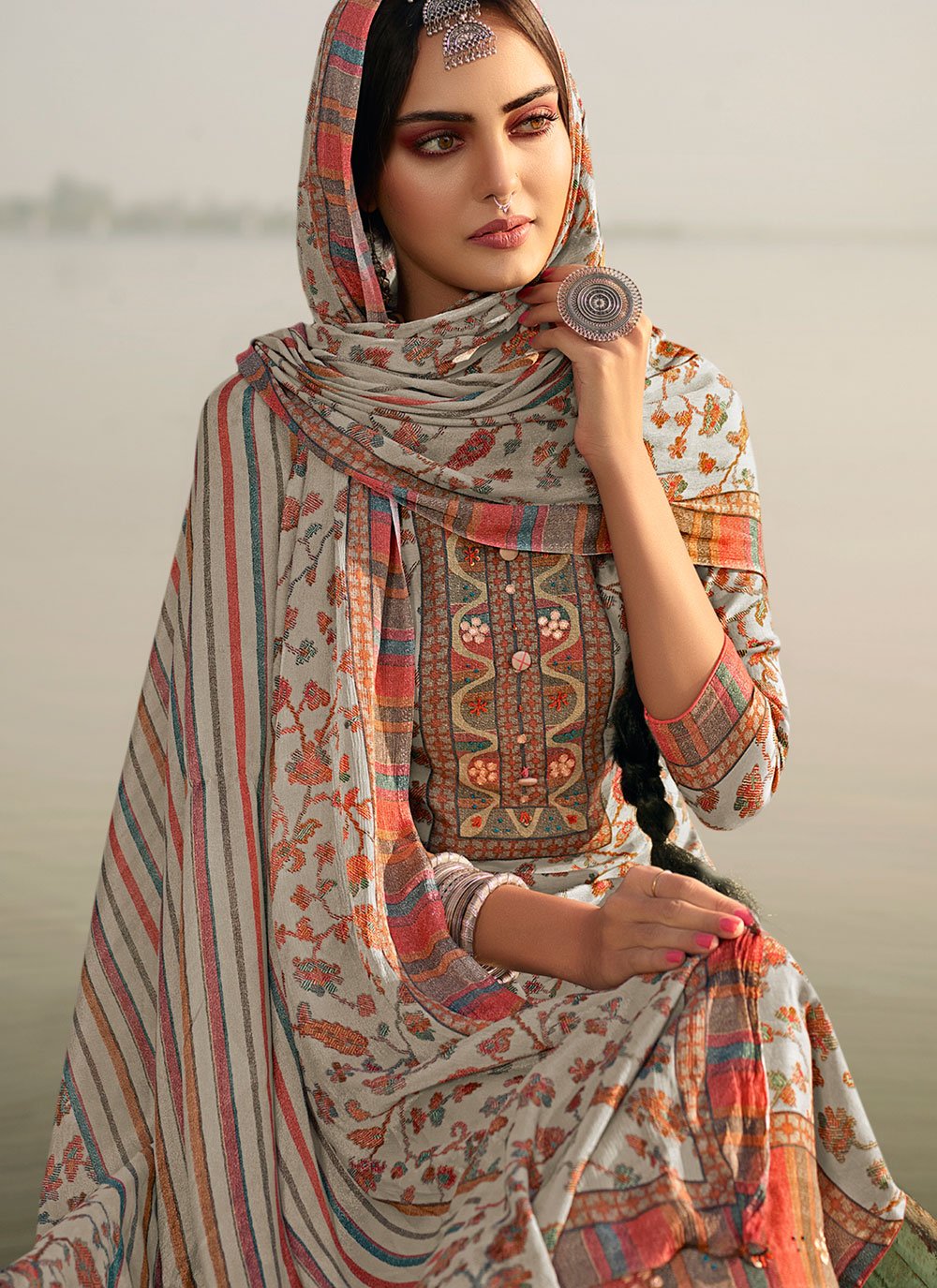 Palazzo Salwar Suit Muslin Grey Digital Print Salwar Kameez