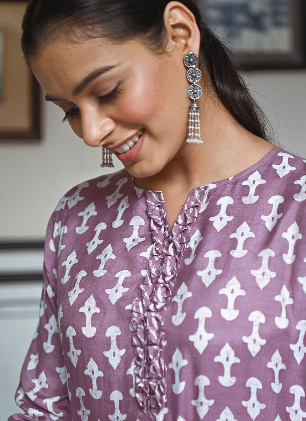 Party Wear Kurti Muslin Purple Digital Print Kurtis