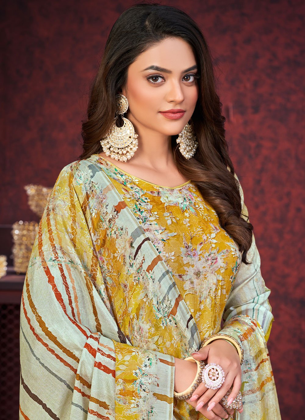Straight Salwar Suit Muslin Yellow Digital Print Salwar Kameez