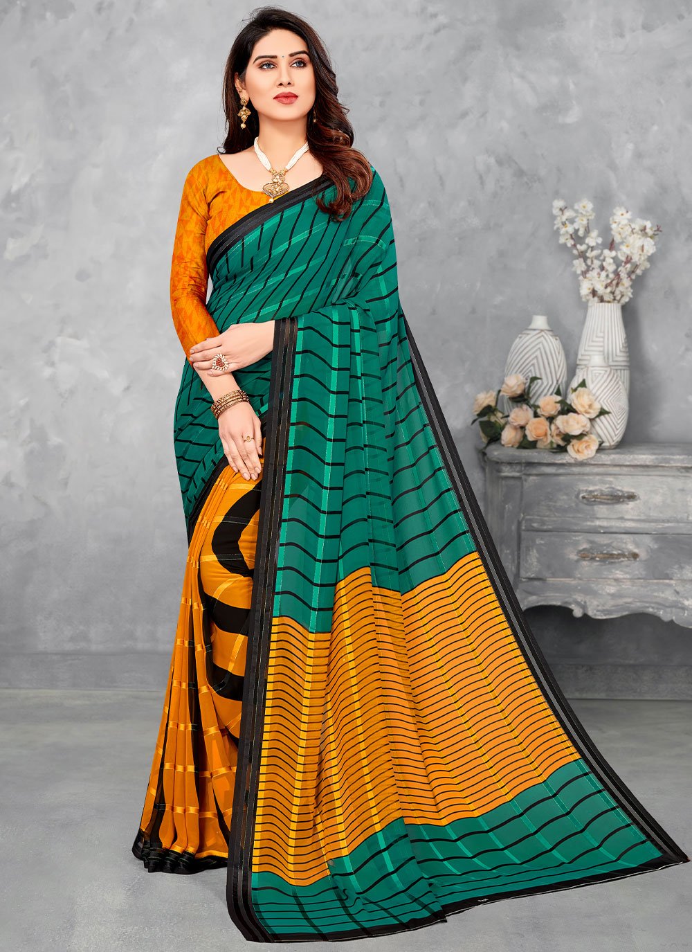 Classic Satin Silk Mustard Teal Print Saree