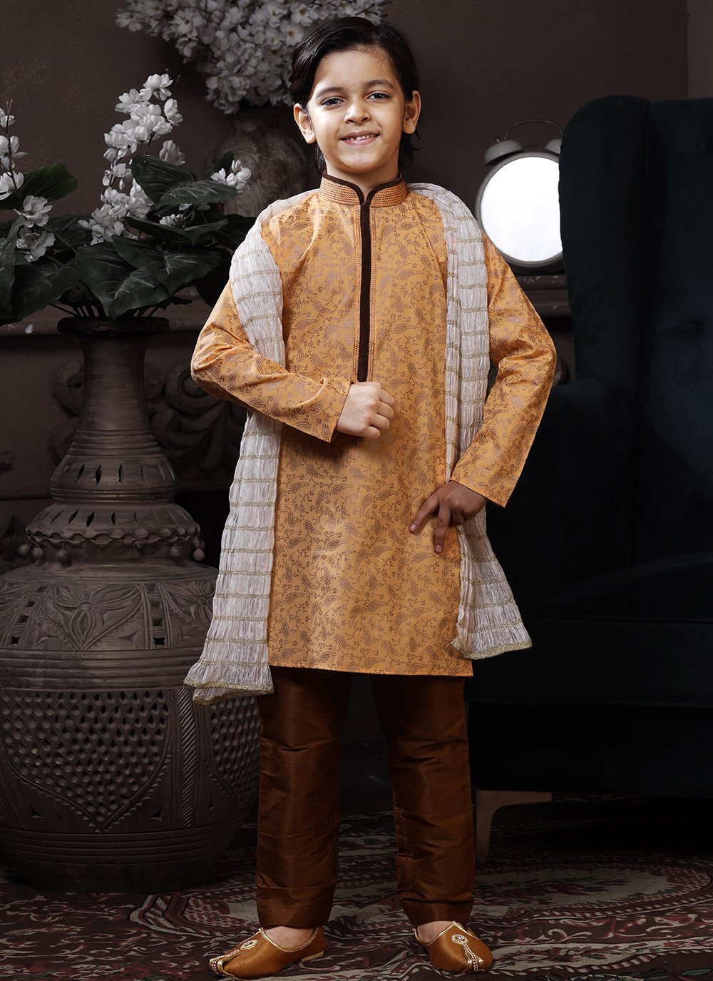 Kurta Pyjama Cotton Mustard Print Kids