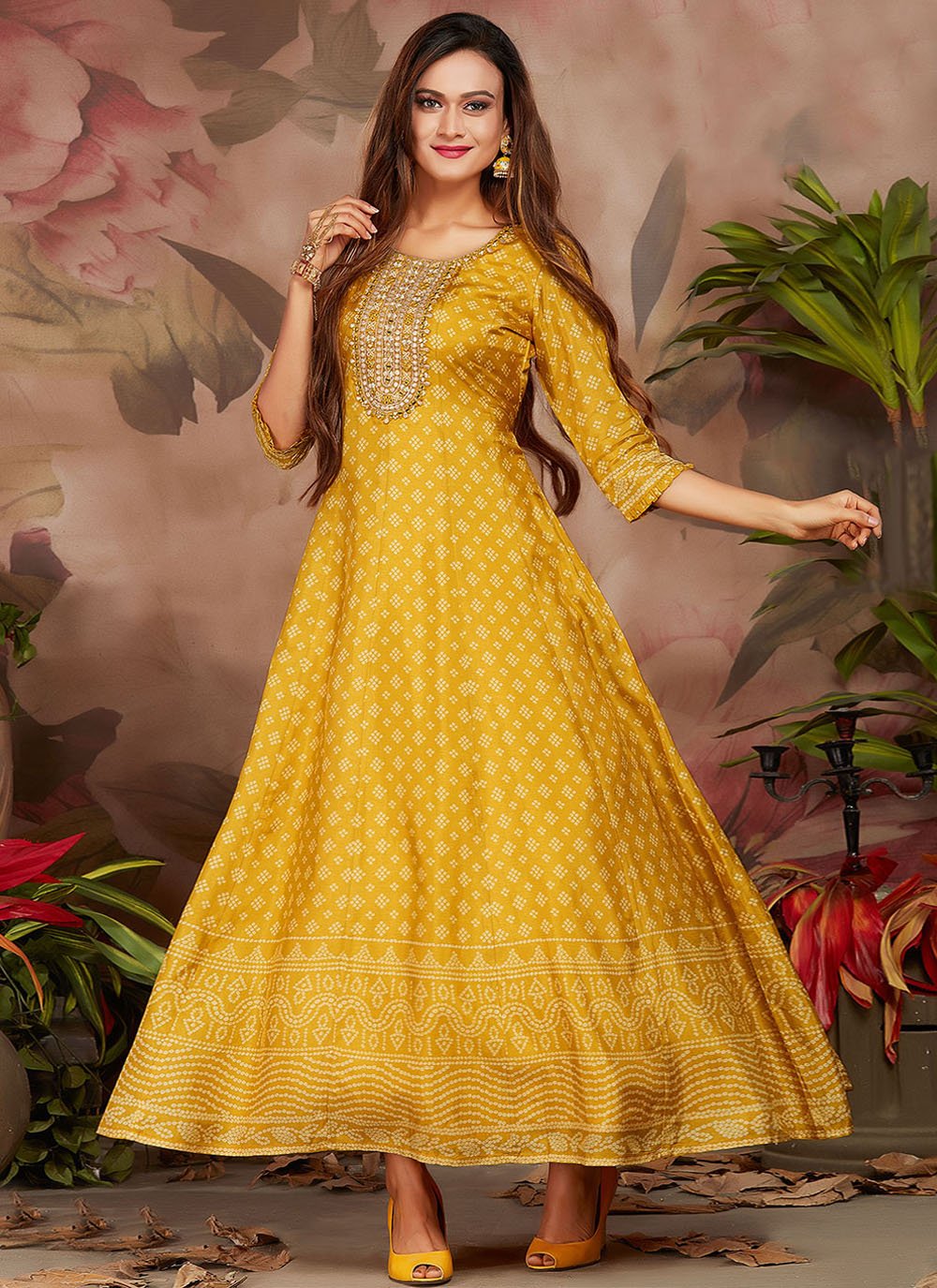 Gown Silk Mustard Digital Print Gown