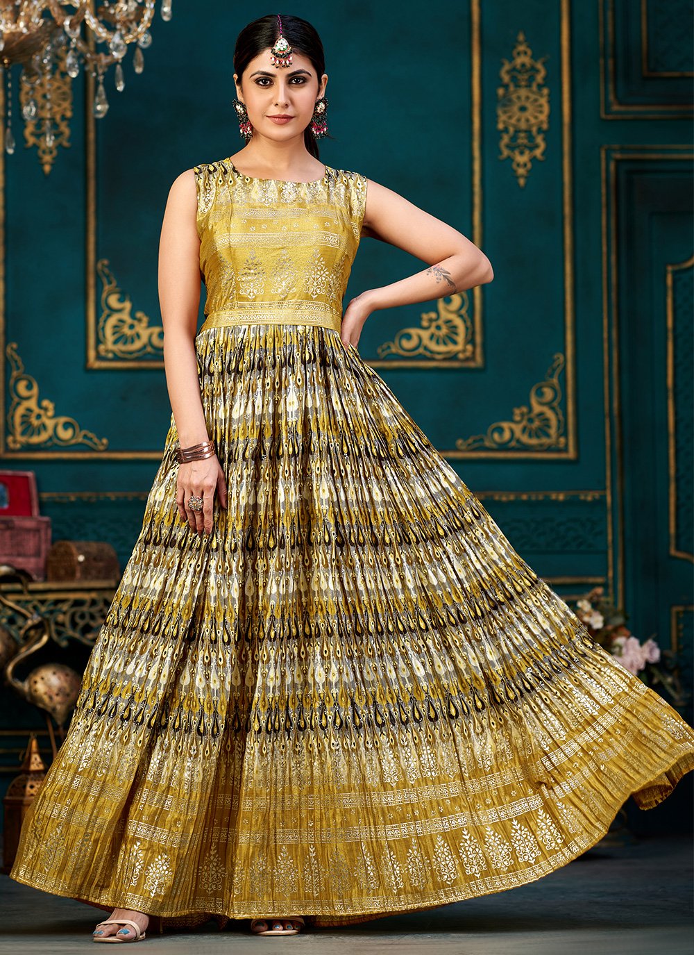 Gown Chinon Silk Mustard Digital Print Gown