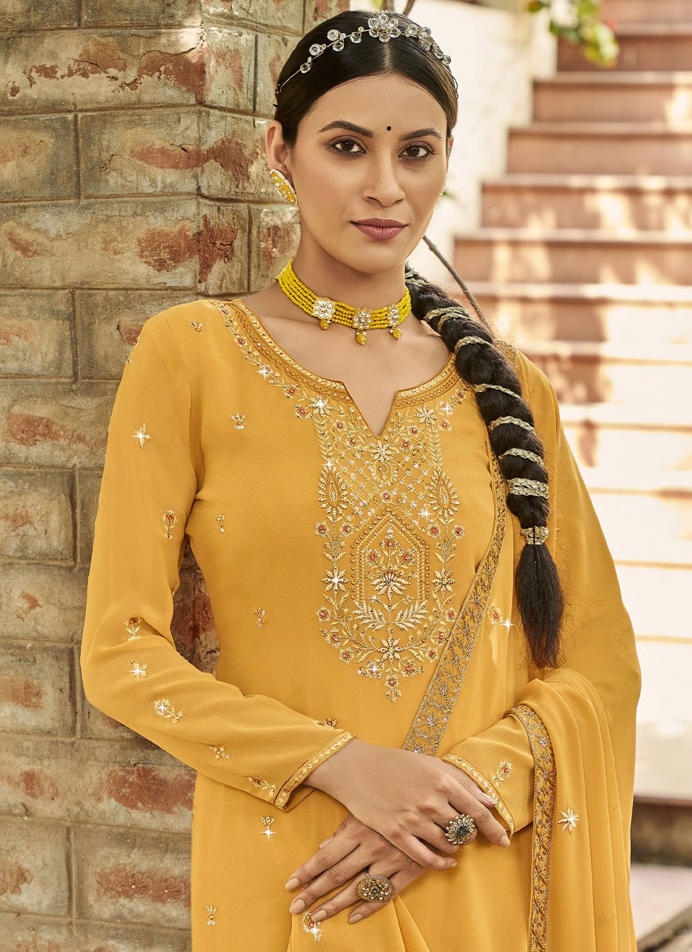 Floor Lenght Salwar Suit Georgette Satin Mustard Diamond Salwar Kameez