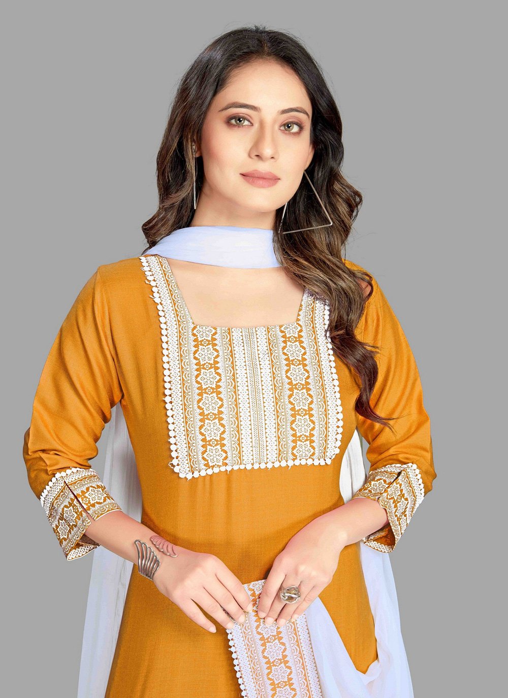 Pant Style Suit Blended Cotton Mustard Fancy Work Salwar Kameez