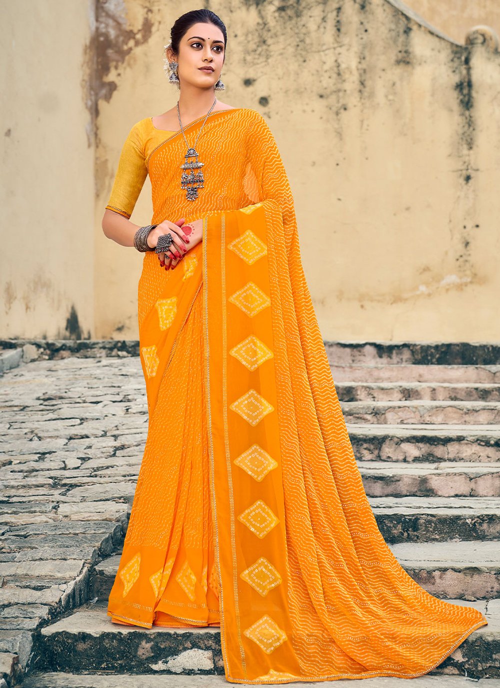 Classic Chiffon Mustard Foil Print Saree