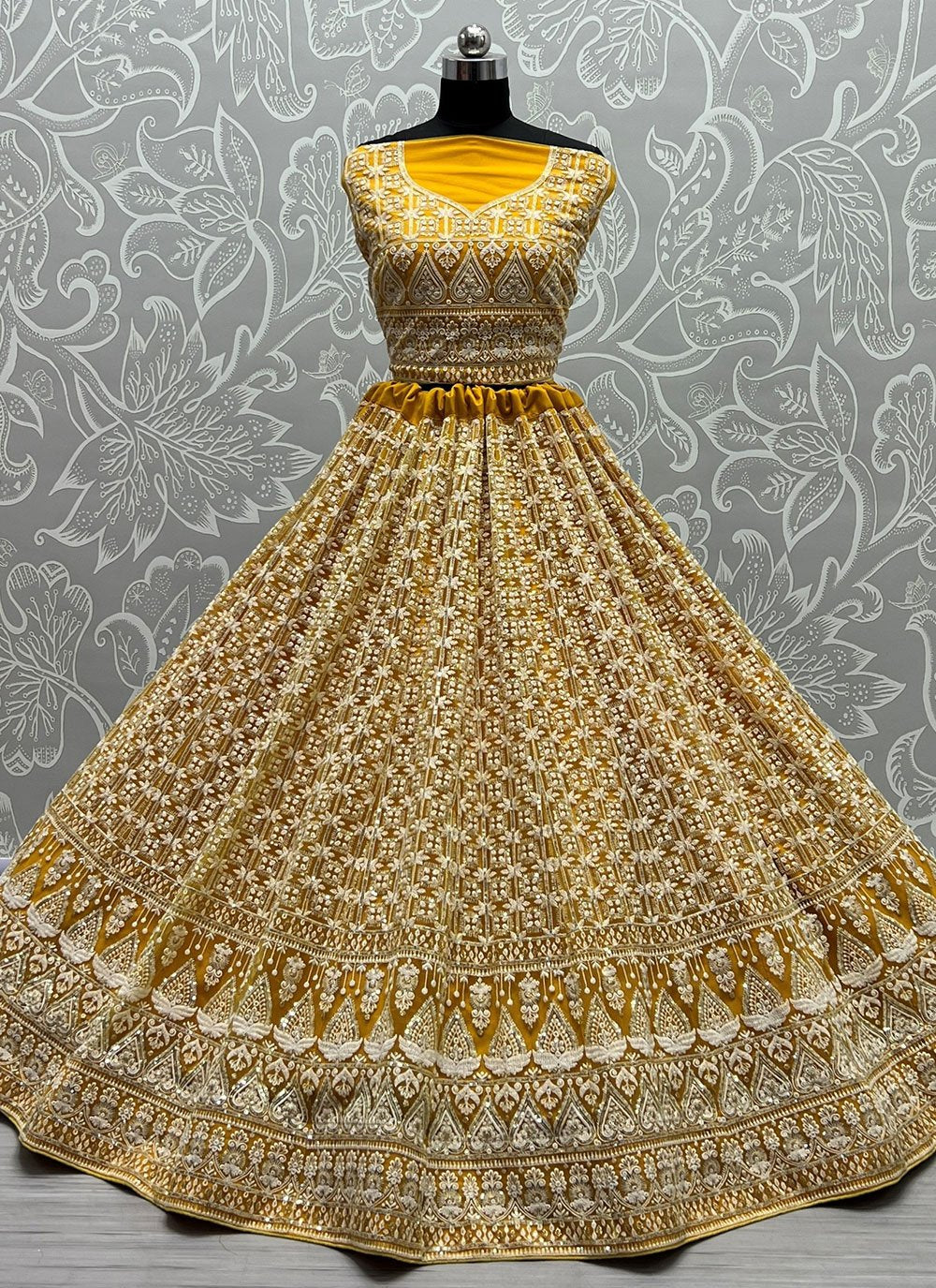 Lehenga Choli Net Mustard Embroidered Lehenga Choli