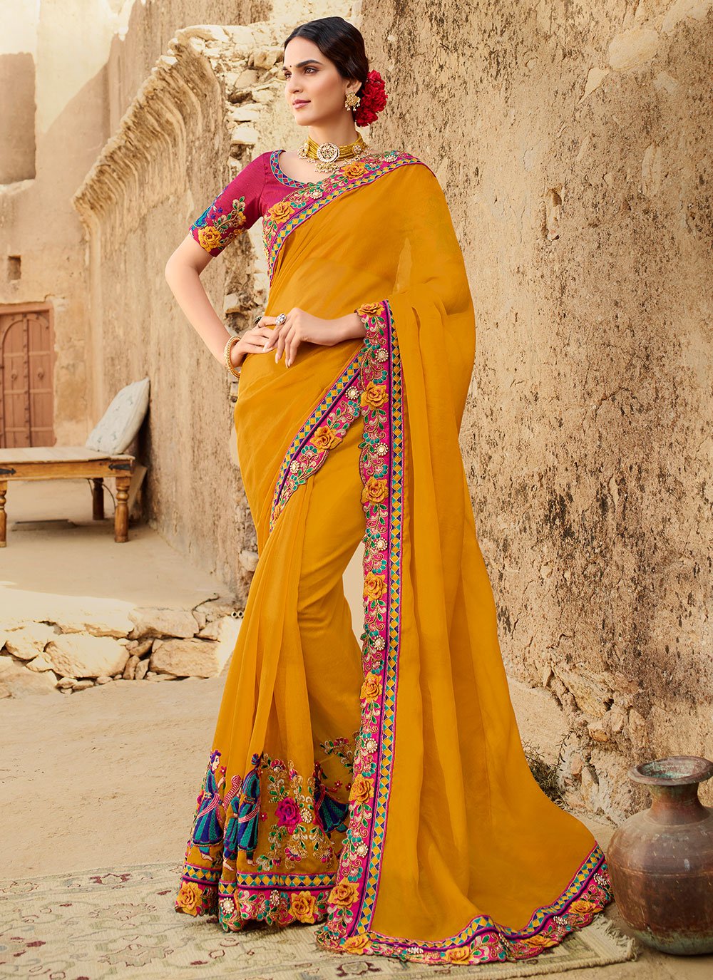 Trendy Saree Silk Mustard Patch Border Saree
