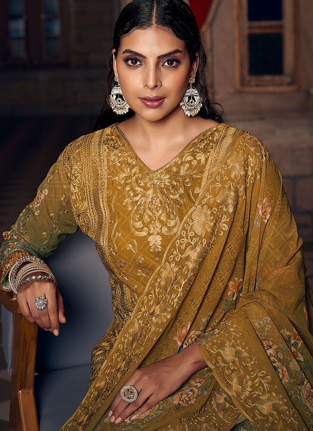 Palazzo Salwar Suit Georgette Mustard Digital Print Salwar Kameez