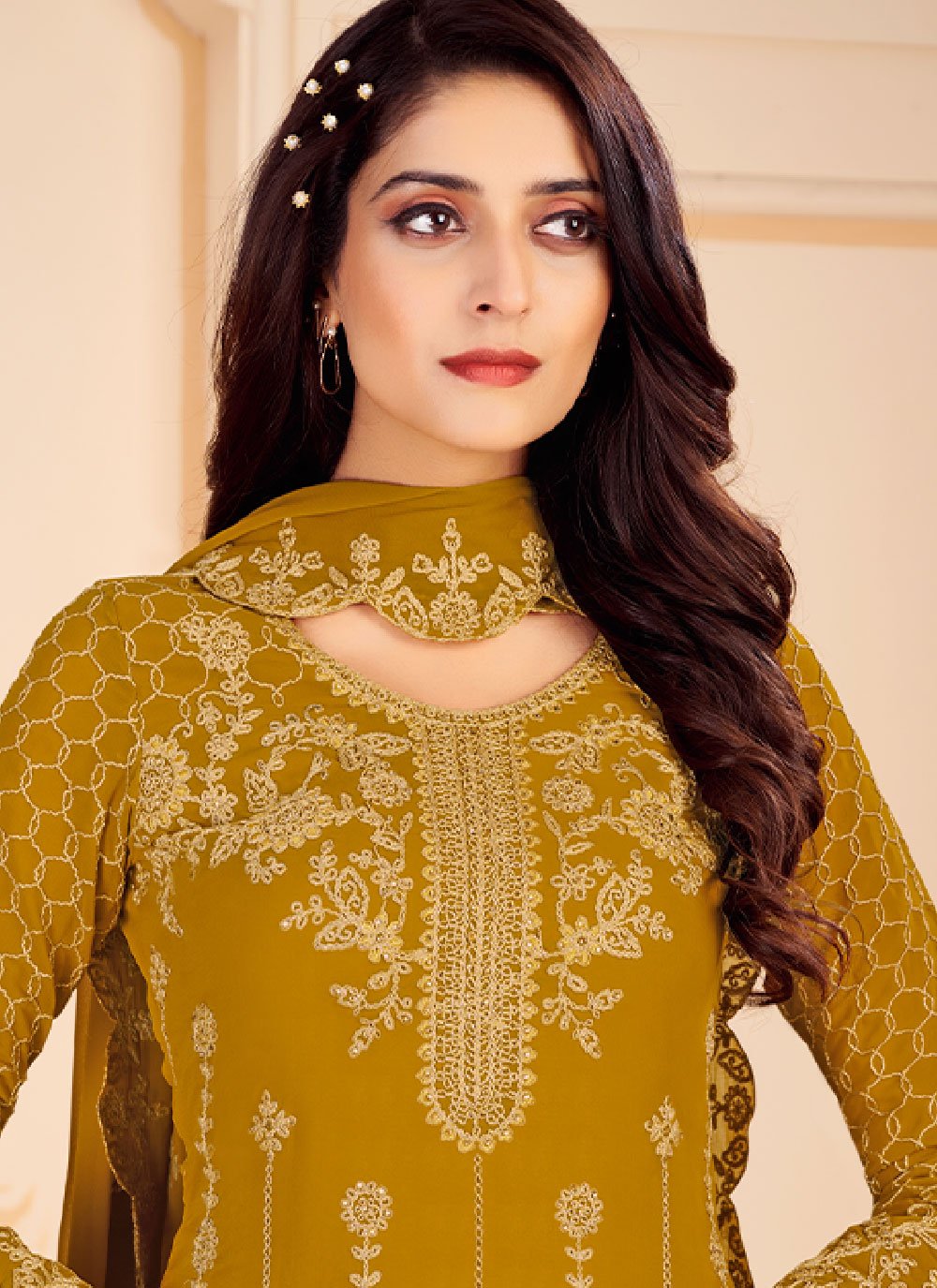 Straight Salwar Suit Faux Georgette Mustard Embroidered Salwar Kameez