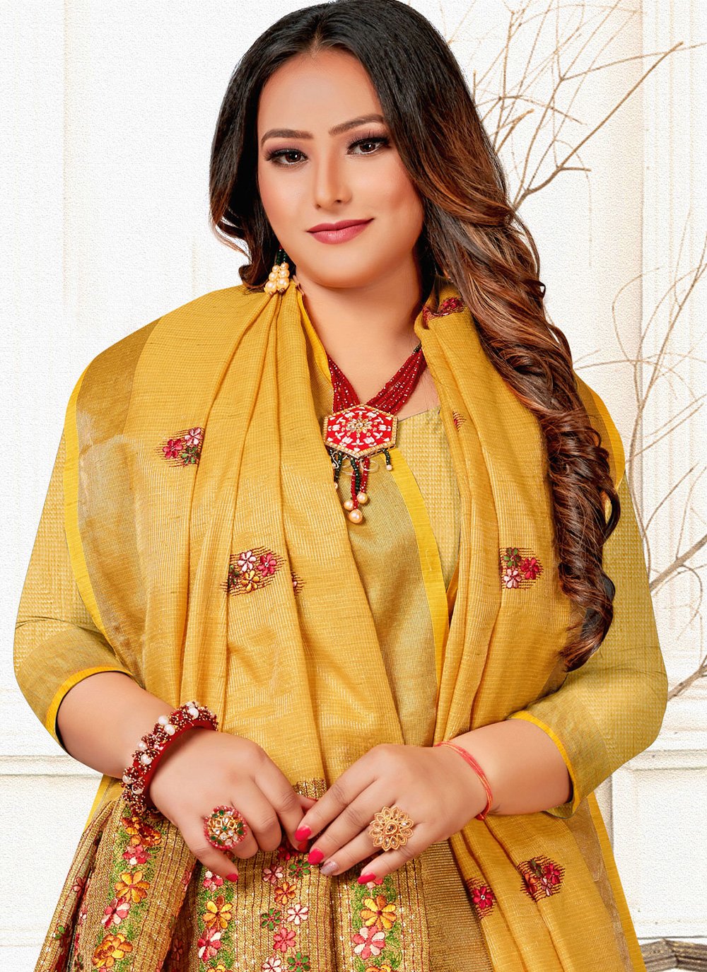Trendy Saree Linen Tissue Mustard Embroidered Saree