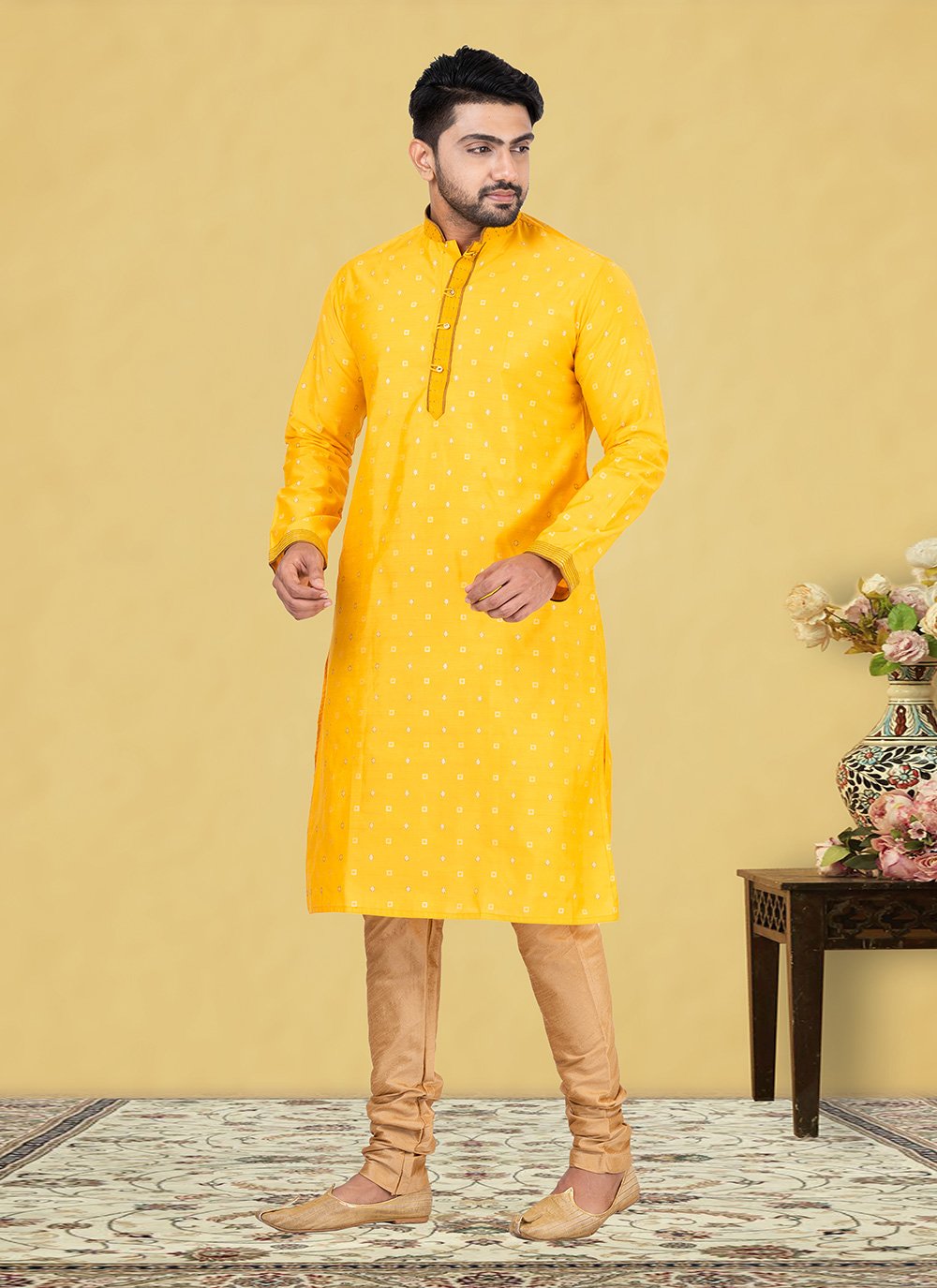 Kurta Pyjama Cotton Mustard Fancy Work Mens
