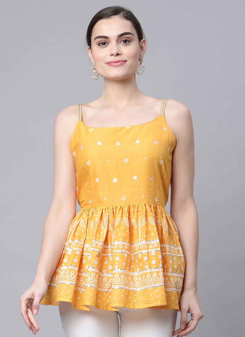 Designer Kurti Cotton Mustard Print Kurtis