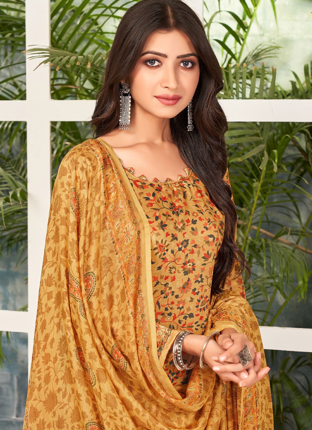 Palazzo Salwar Suit Cotton Mustard Mirror Salwar Kameez