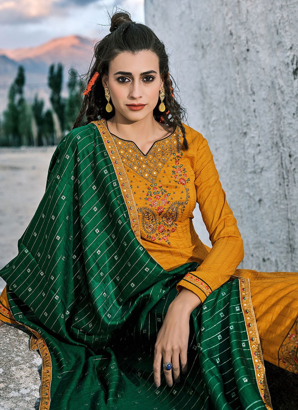 Salwar Suit Chinon Mustard Embroidered Salwar Kameez