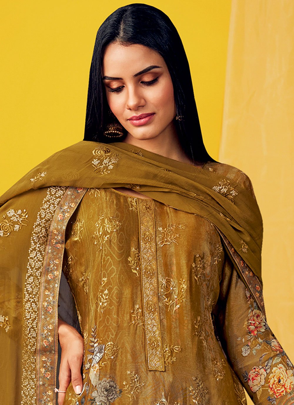 Salwar Suit Chiffon Mustard Embroidered Salwar Kameez