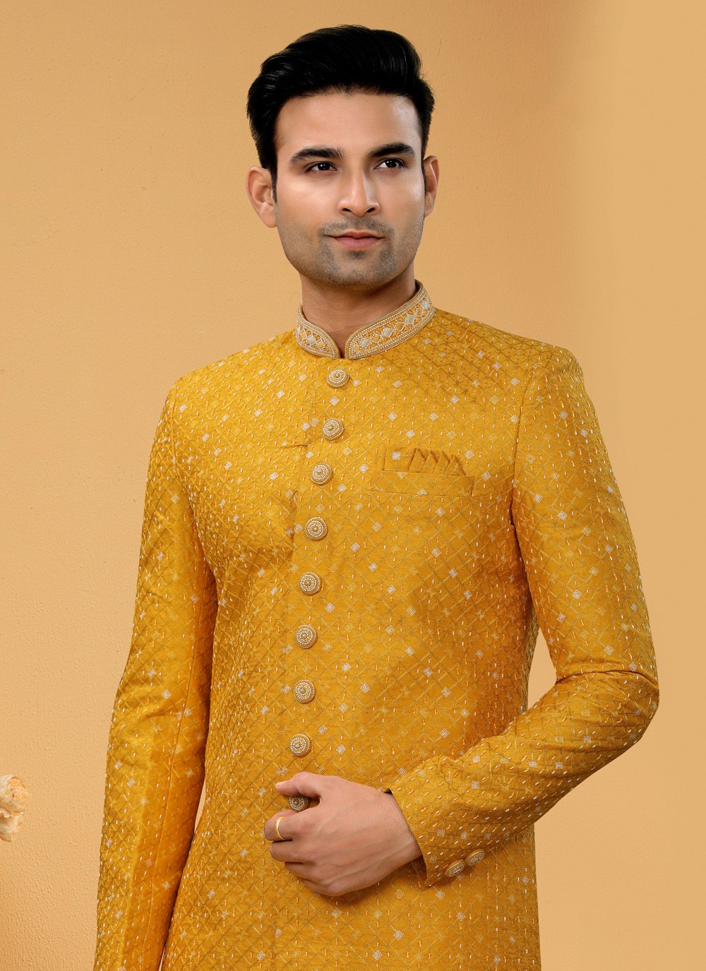 Indo Western Sherwani Fancy Fabric Mustard Hand Work Mens