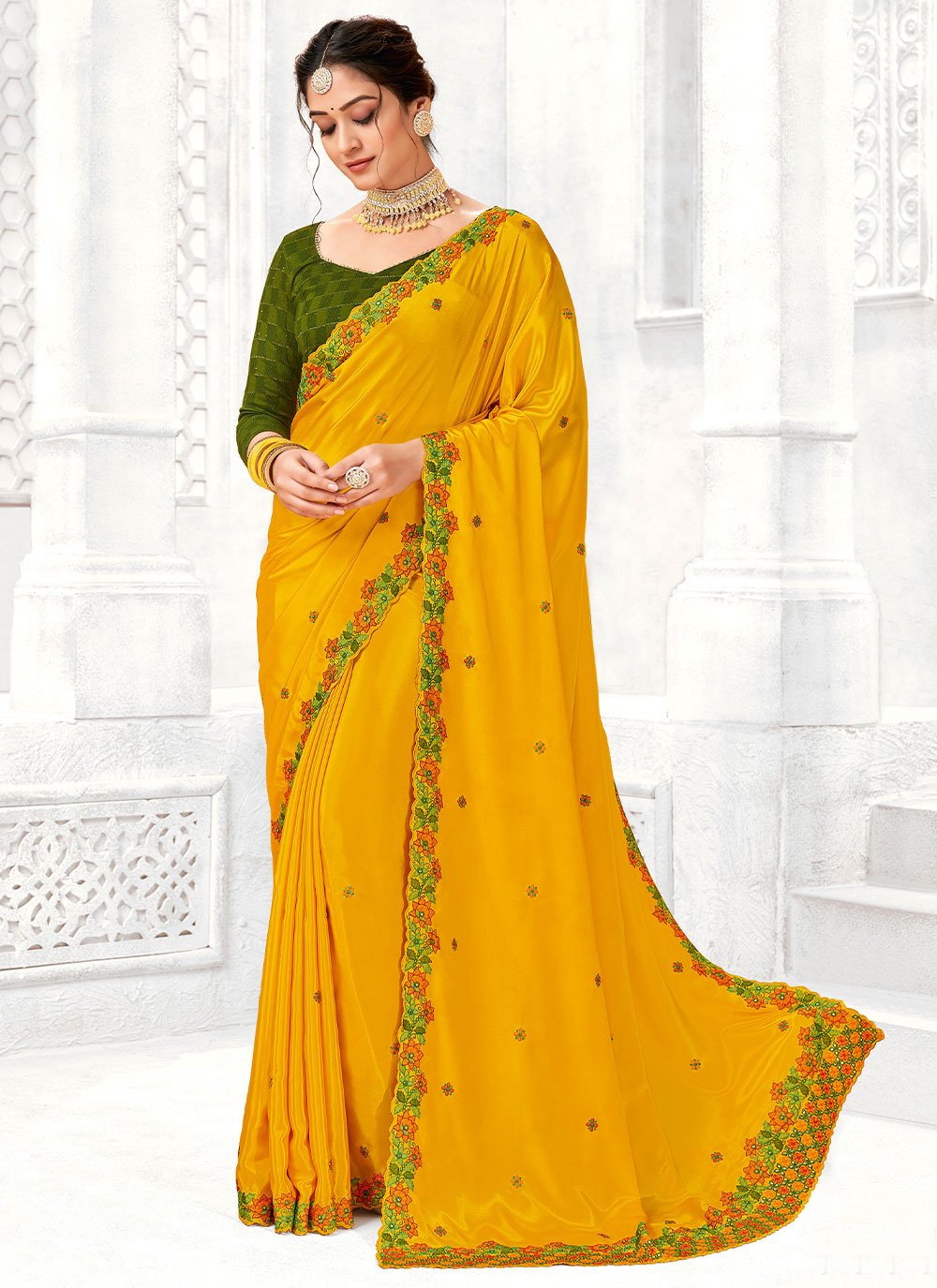 Contemporary Polyester Mustard Digital Print Saree