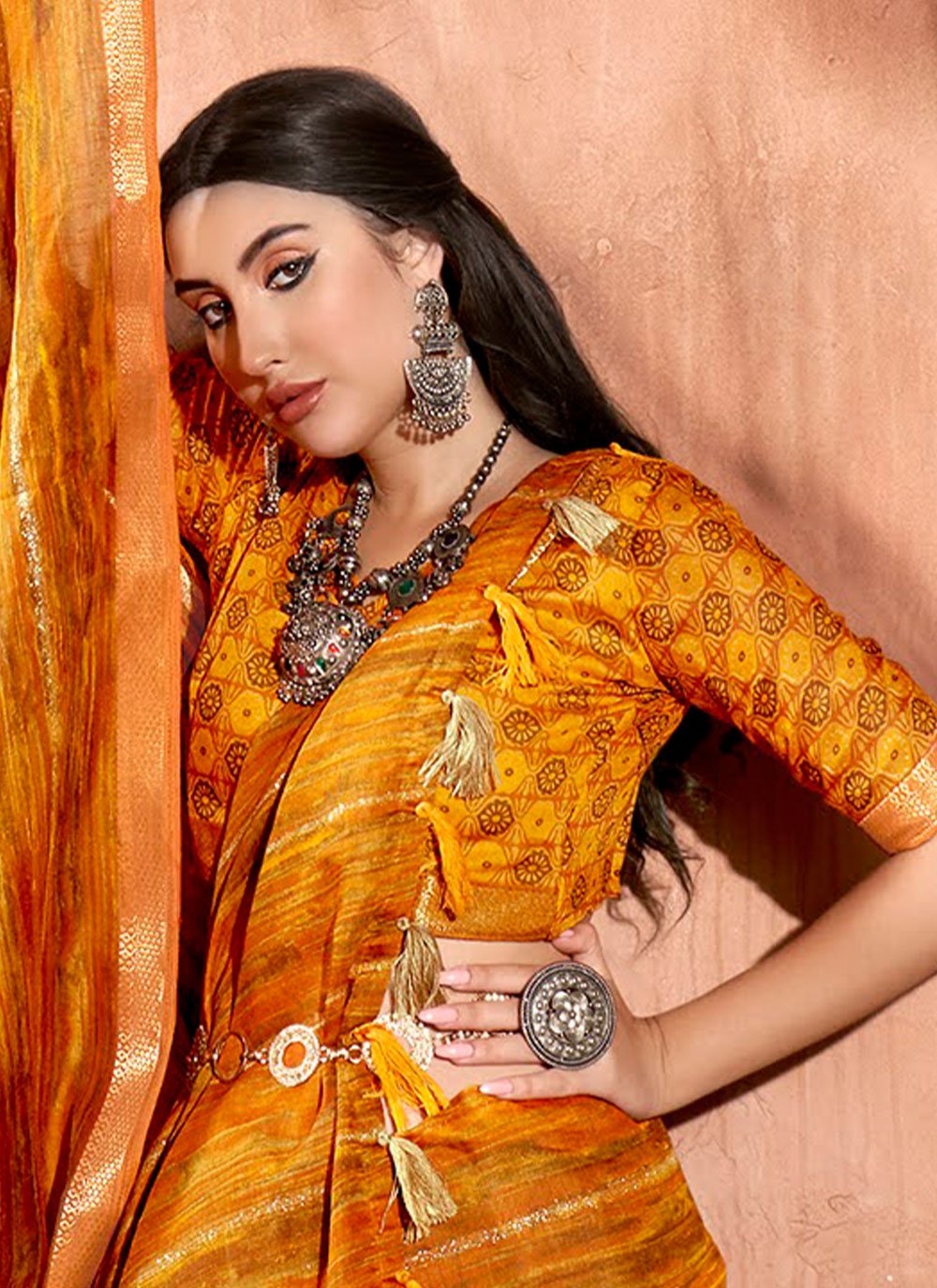 Contemporary Cotton Mustard Print Saree