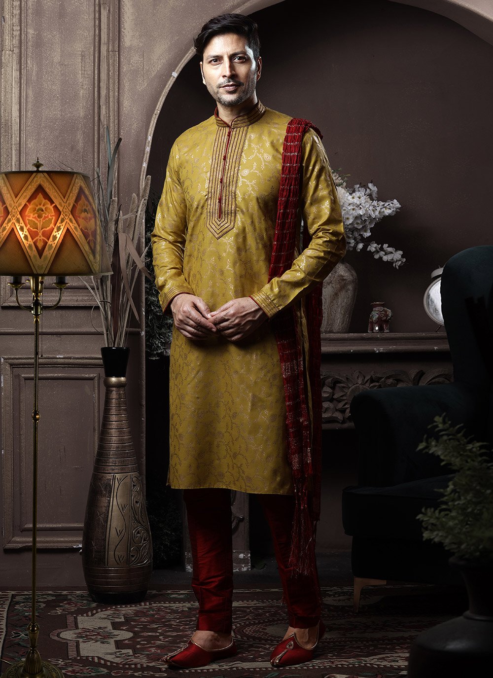 Kurta Pyjama Cotton Mustard Print Mens