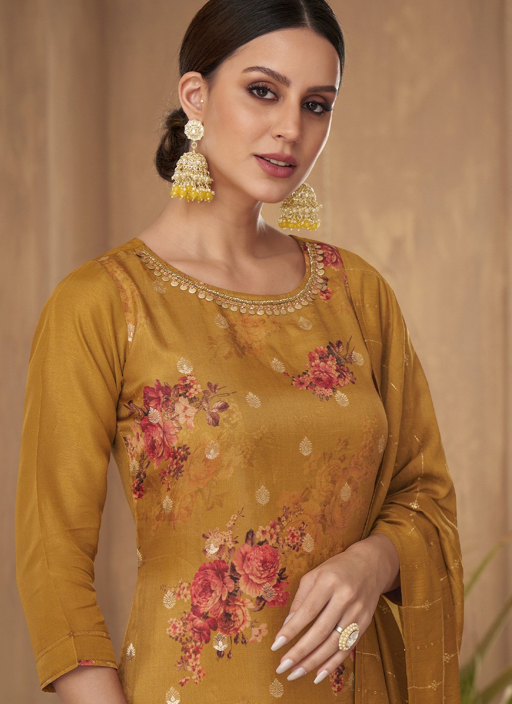 Salwar Suit Jacquard Silk Mustard Print Salwar Kameez