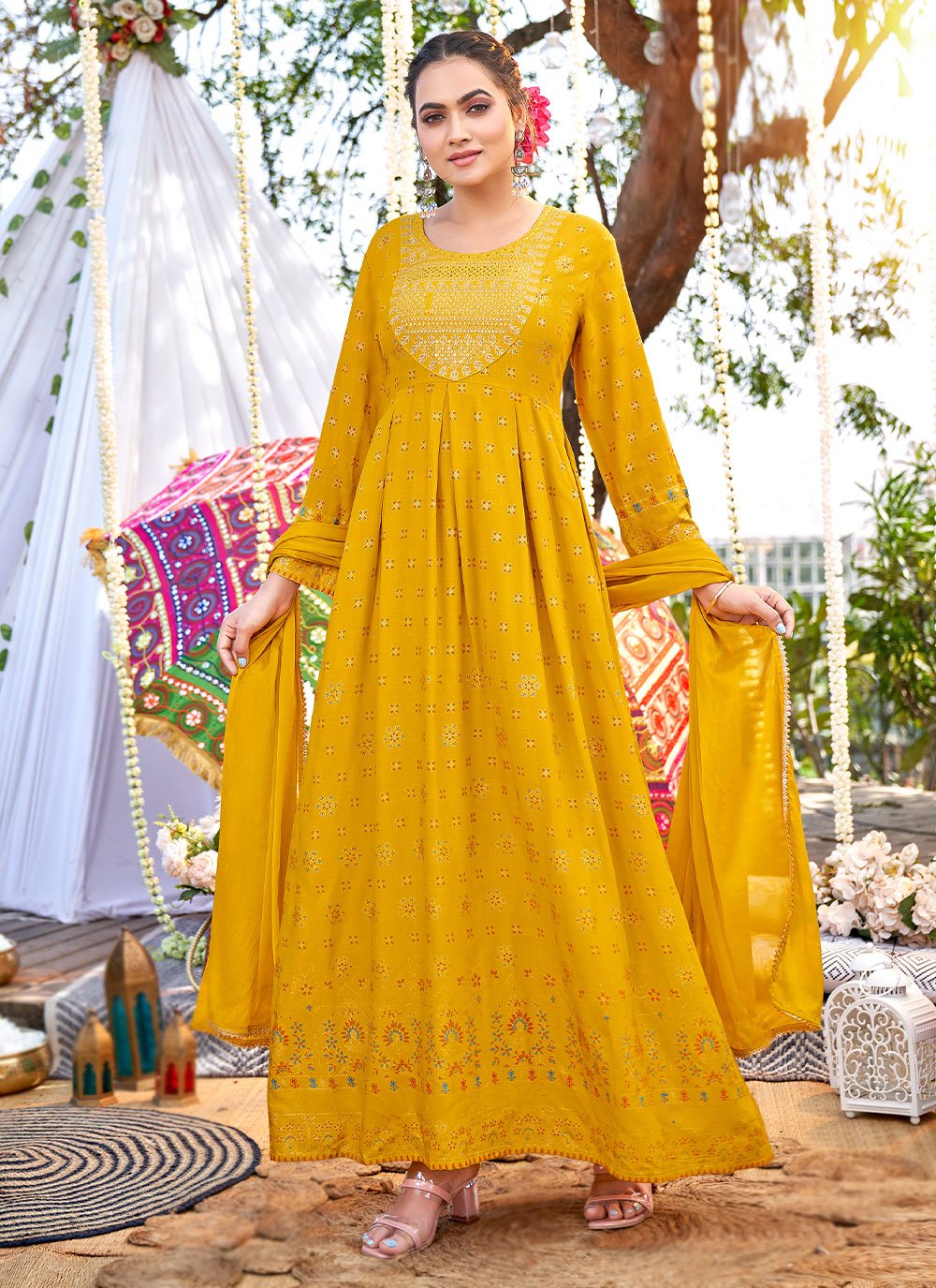 Designer Gown Rayon Mustard Print Gown