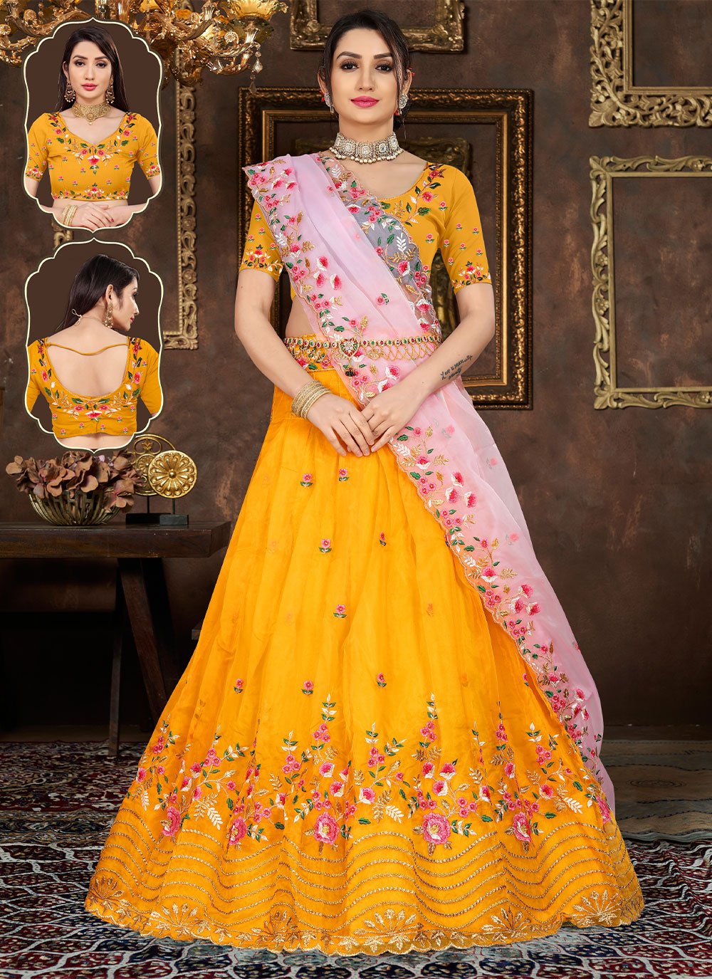 A Line Lehenga Organza Mustard Embroidered Lehenga Choli
