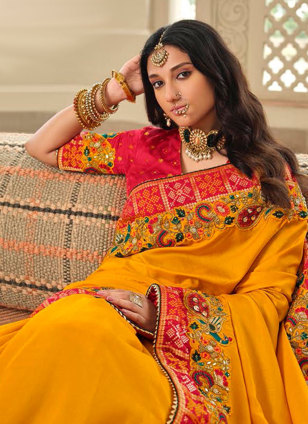 Traditional Saree Silk Mustard Embroidered Saree