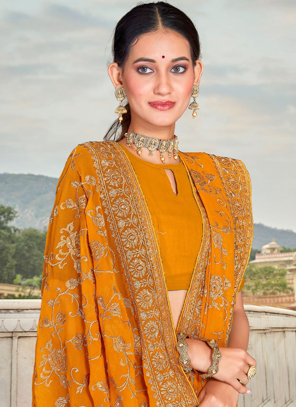 Designer Georgette Mustard Embroidered Saree