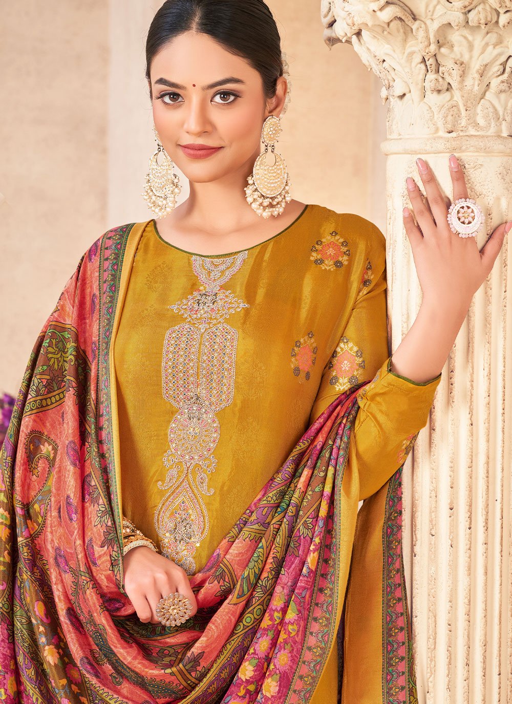 Straight Salwar Suit Jacquard Muslin Mustard Embroidered Salwar Kameez