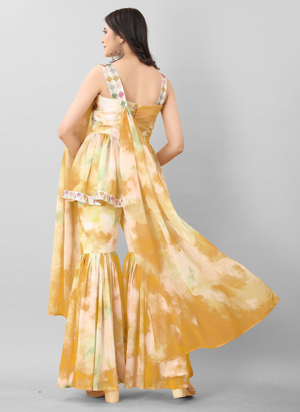 Sharara Set Georgette Mustard Embroidered Salwar Kameez