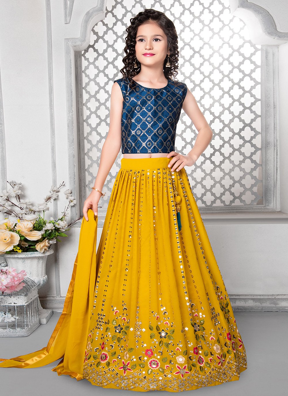 Readymade Lehenga Choli Faux Georgette Mustard Embroidered Kids