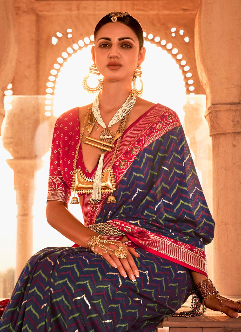 Trendy Saree Silk Blue Red Patola Print Saree