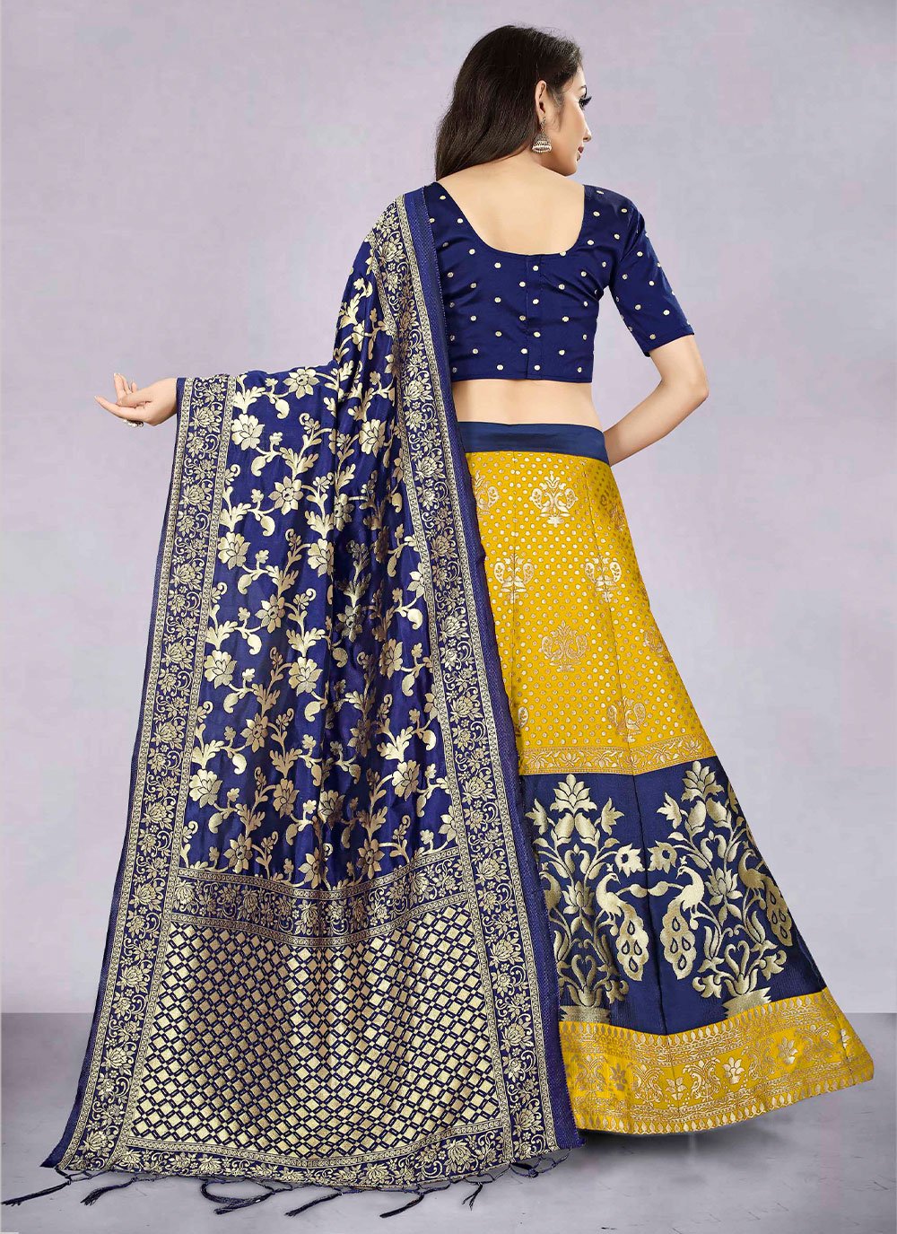 Lehenga Choli Banarasi Silk Jacquard Blue Yellow Jacquard Work Lehenga Choli