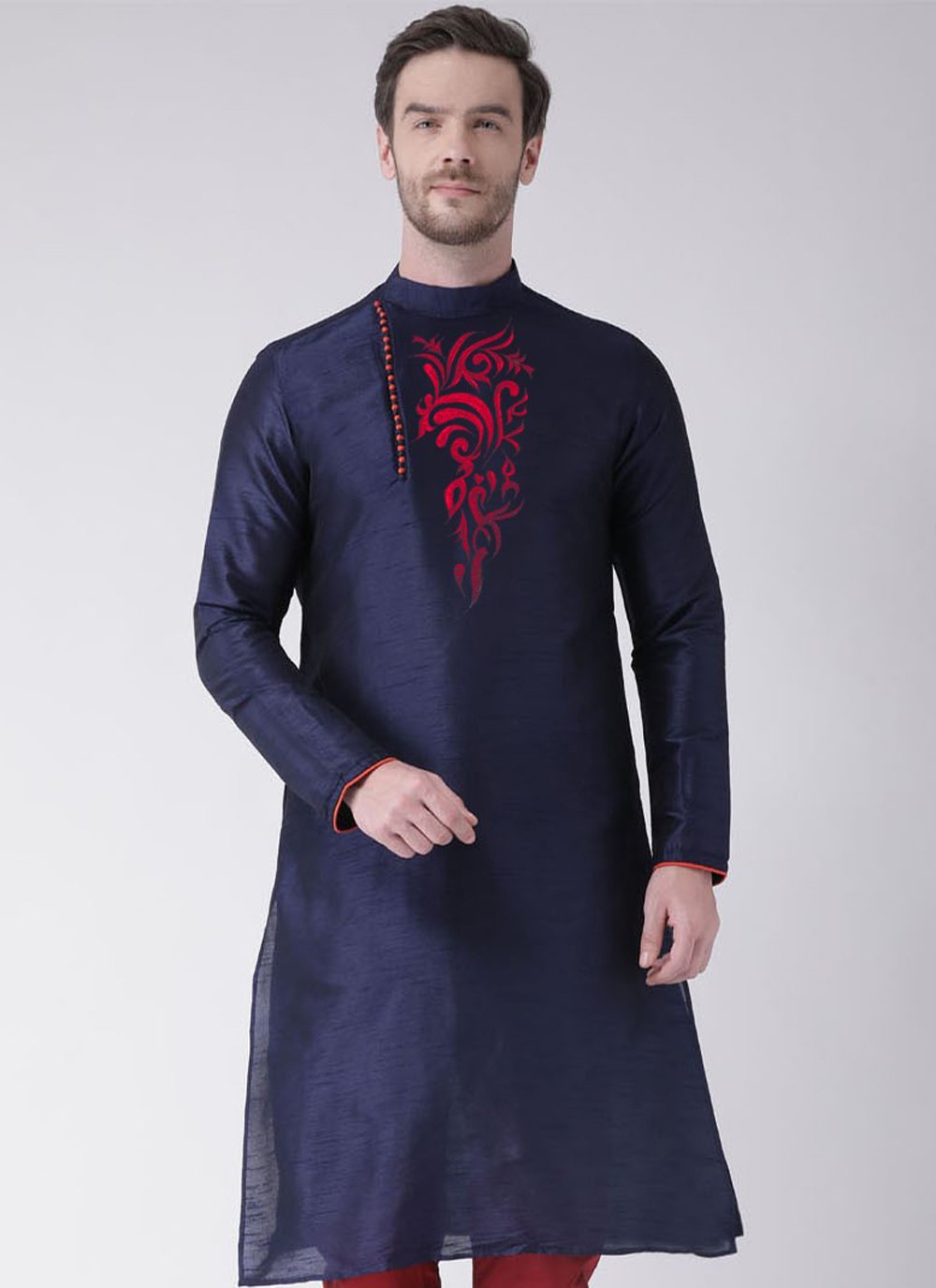 Kurta Art Dupion Silk Blue Embroidered Mens