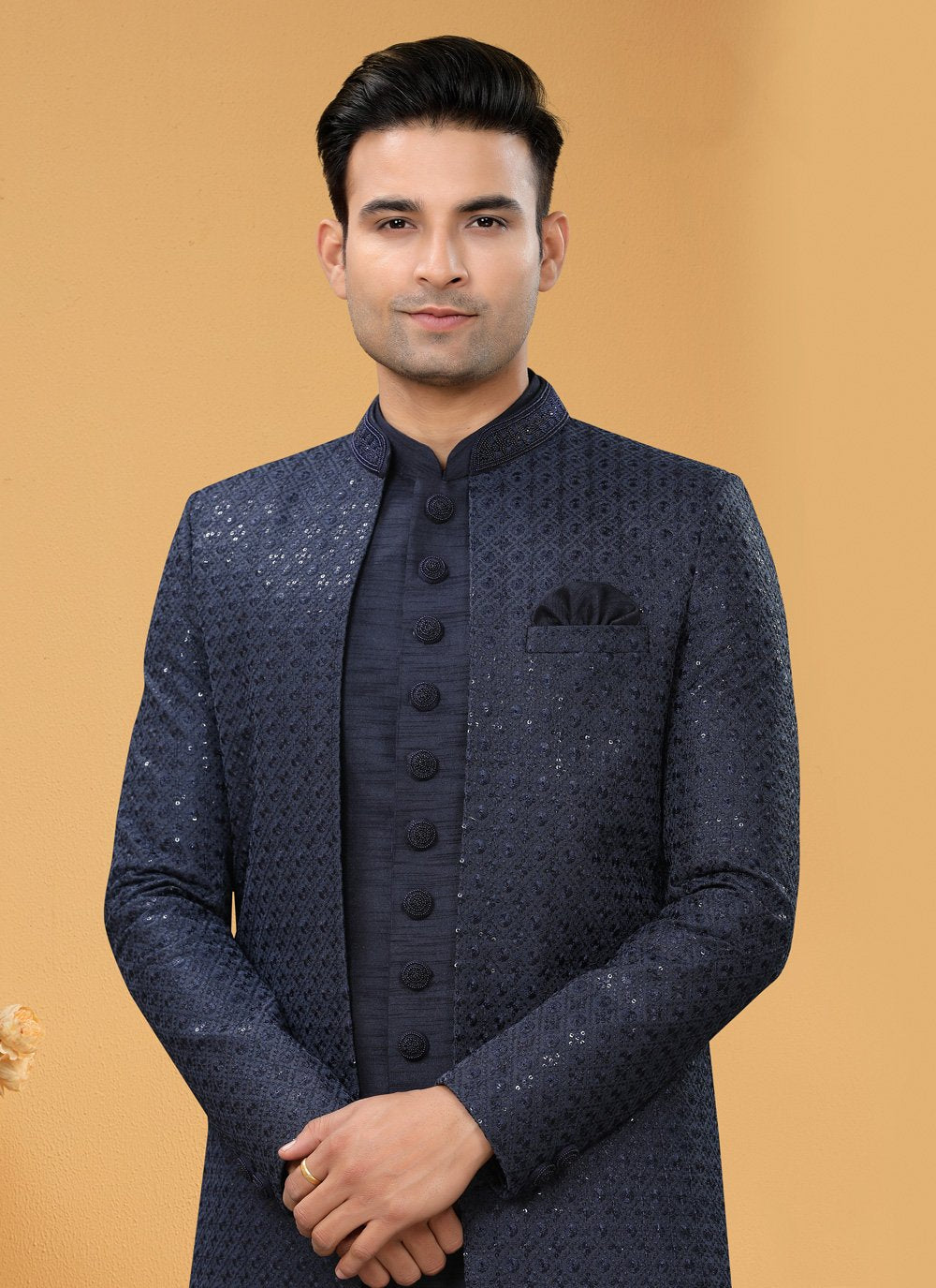 Indo Western Sherwani Art Silk Blue Hand Work Mens