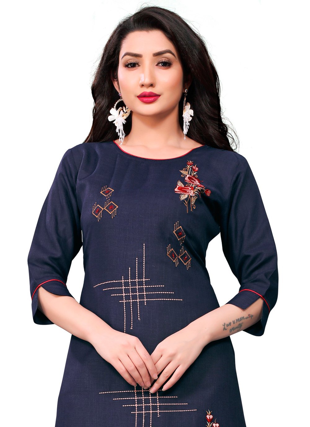 Designer Kurti Blended Cotton Blue Embroidered Kurtis