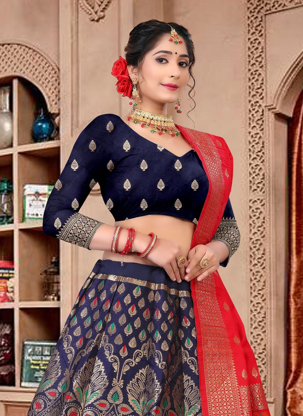 Lehenga Choli Jacquard Blue Woven Lehenga Choli