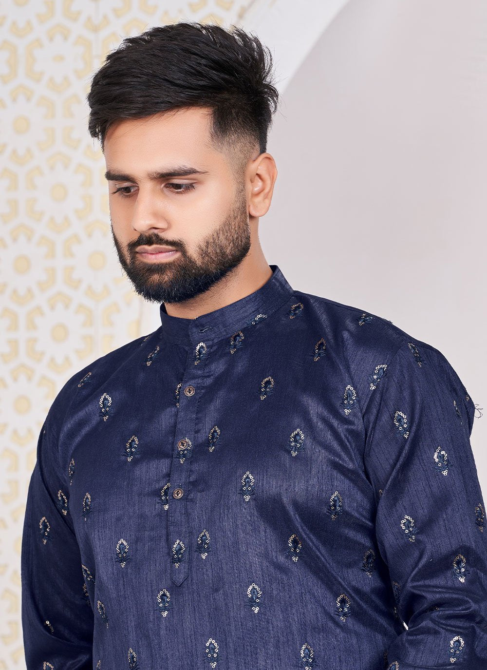 Kurta Banglori Silk Blue Embroidered Mens