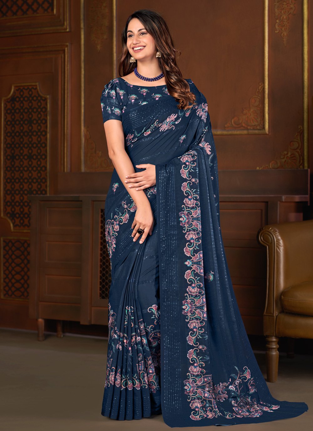 Designer Linen Blue Floral Patch Saree