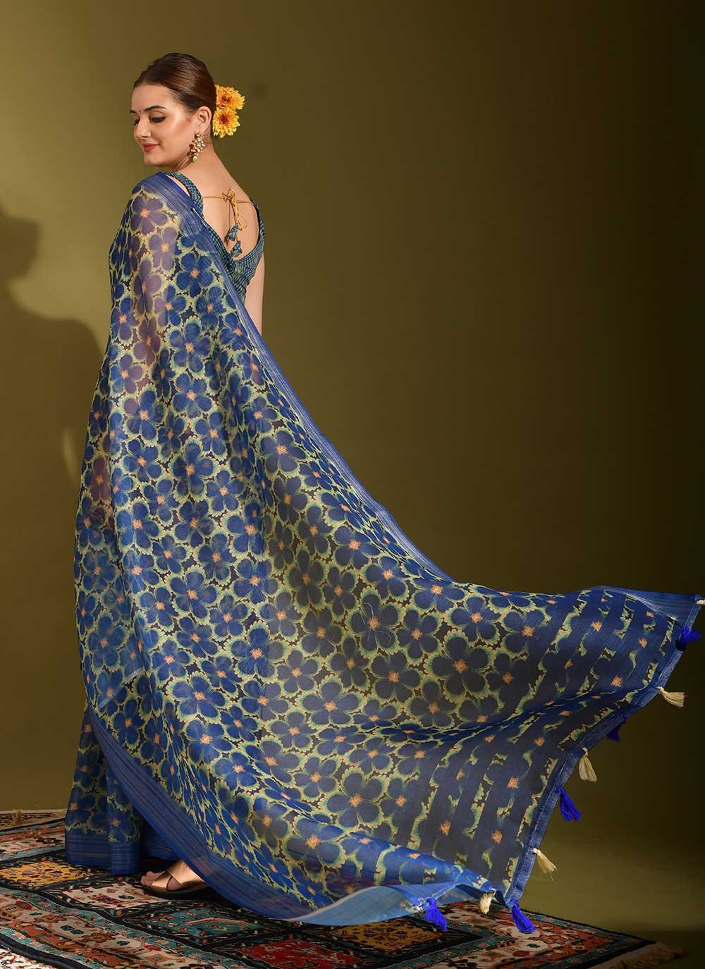 Classic Linen Blue Digital Print Saree