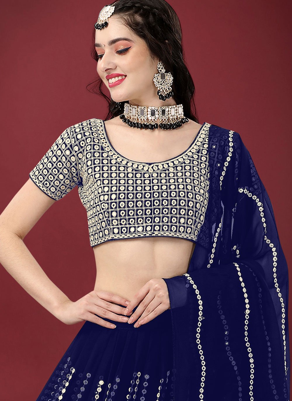 Lehenga Choli Faux Georgette Blue Embroidered Lehenga Choli