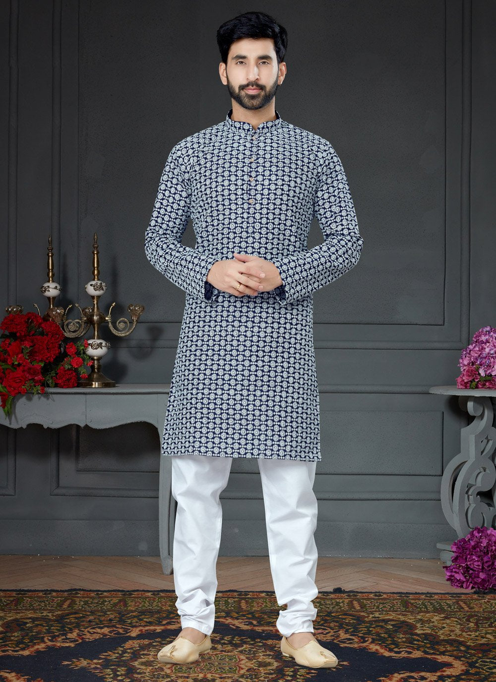 Kurta Pyjama Art Silk Cotton Blue Embroidered Mens