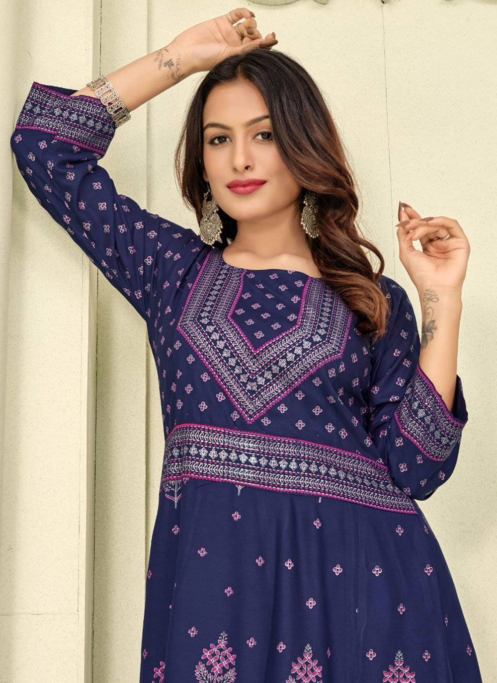 Party Wear Kurti Rayon Blue Foil Print Kurtis