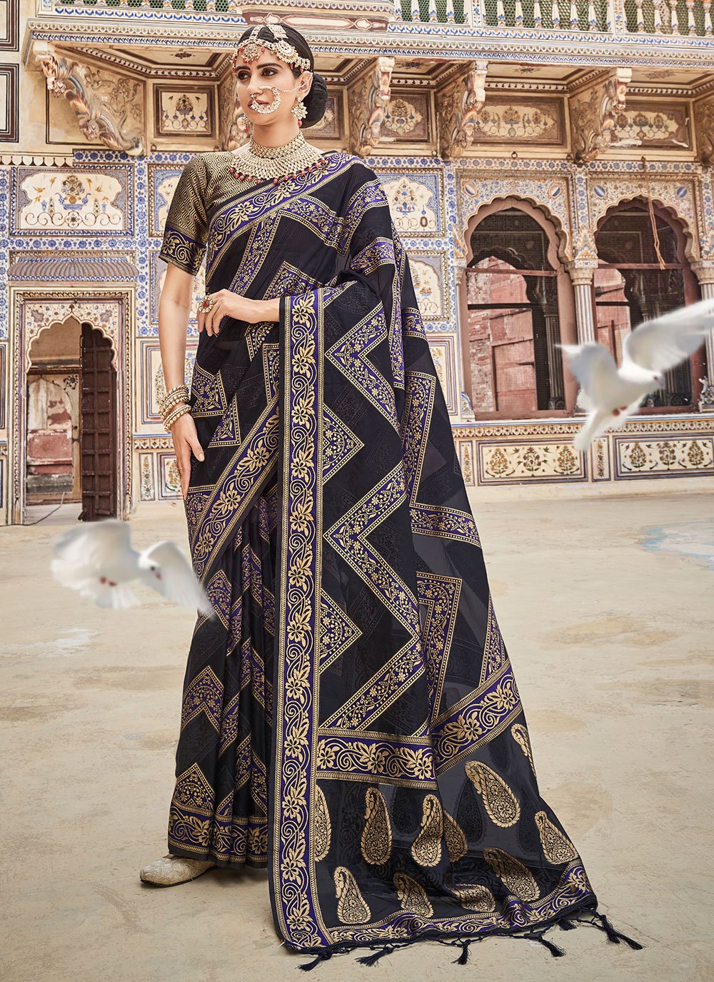 Classic Organza Pure Dola Blue Lace Saree