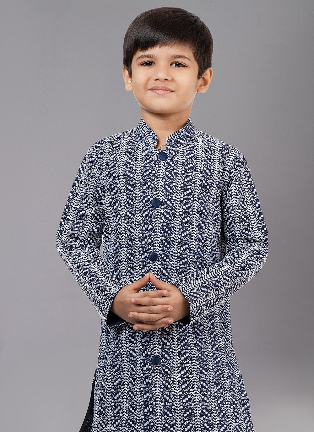 Kurta Pyjama Cotton Silk Blue Embroidered Kids