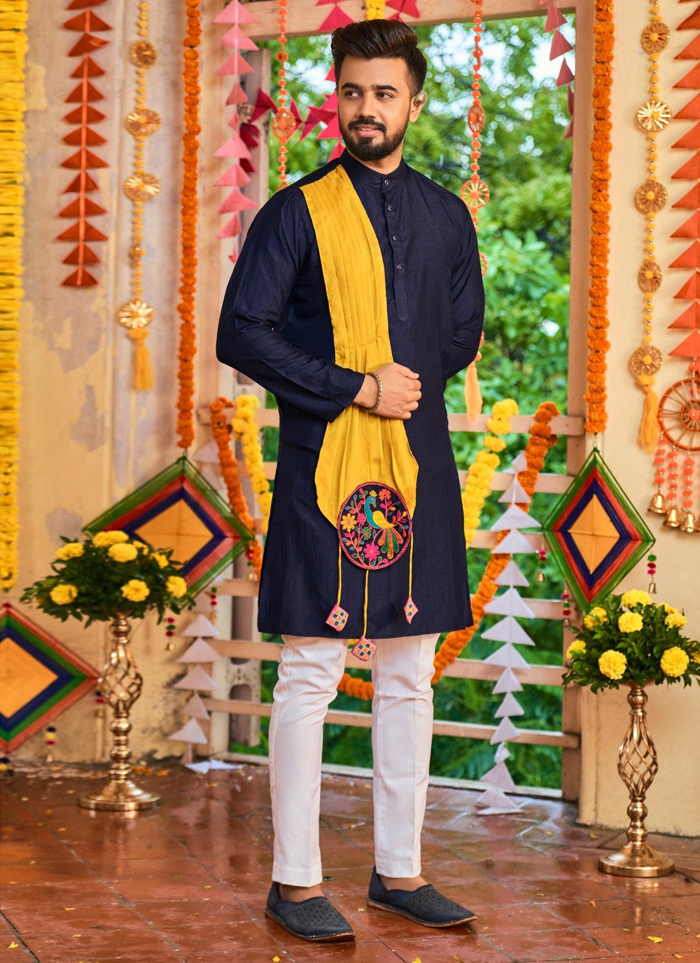 Kurta Pyjama Art Silk Blue Embroidered Mens