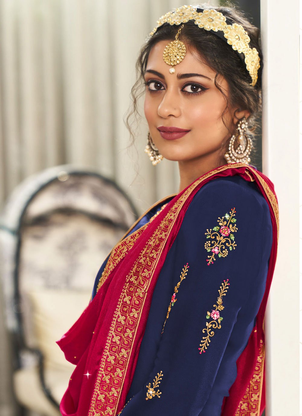 Lehenga Choli Georgette Satin Blue Embroidered Lehenga Choli